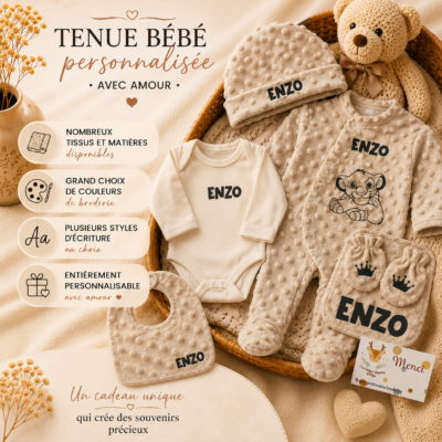 Set 5 pièces – Tenue de naissance 0/3mois, plusieurs coloris