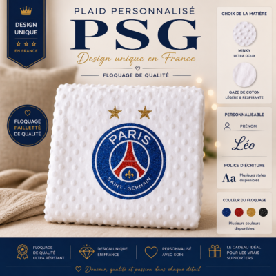 Plaid Paris Saint Germain PSG Deux Étoiles Personnalisé - Floquage, Plusieurs modèles