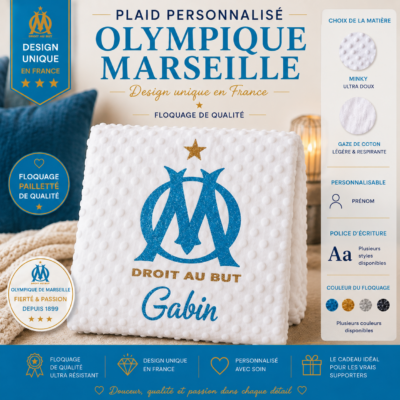 Plaid Olympique Marseille OM Personnalisé - Floquage, Plusieurs modèles