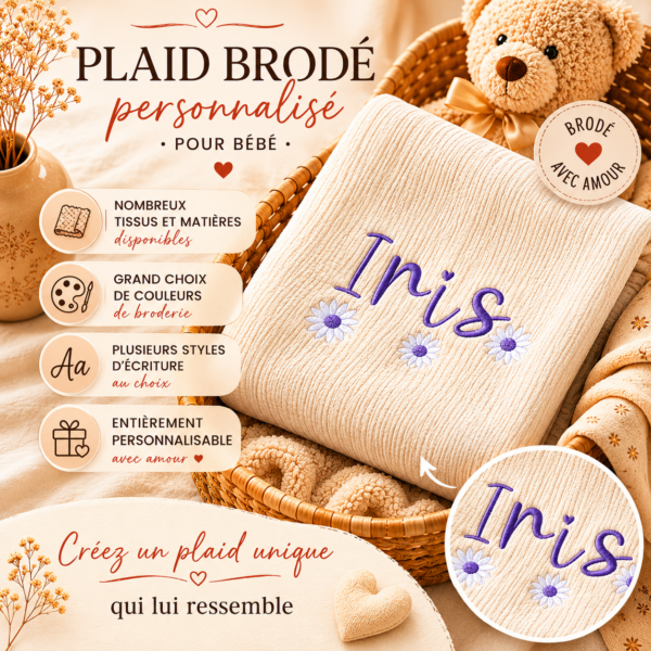 Plaid Brodé Fleur Personnalisé - Prénom