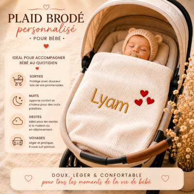Plaid Brodé Cœur Personnalisé - Prénom