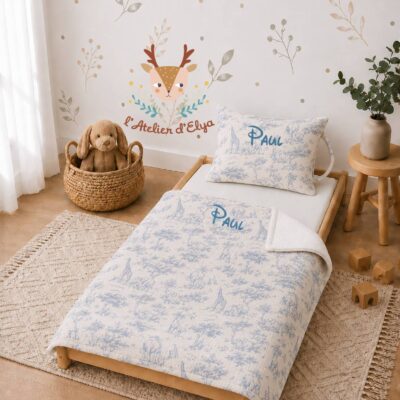 Kit Sieste Safari Drap, Plaid, Taie d'Oreiller – Floquage, Plusieurs Coloris